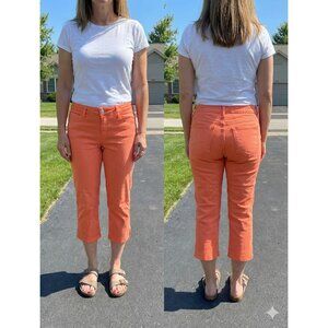 NYDJ Briella Coral Orange Crop Jeans Women's 10 Rhinestone Stud Hem Lift Tuck